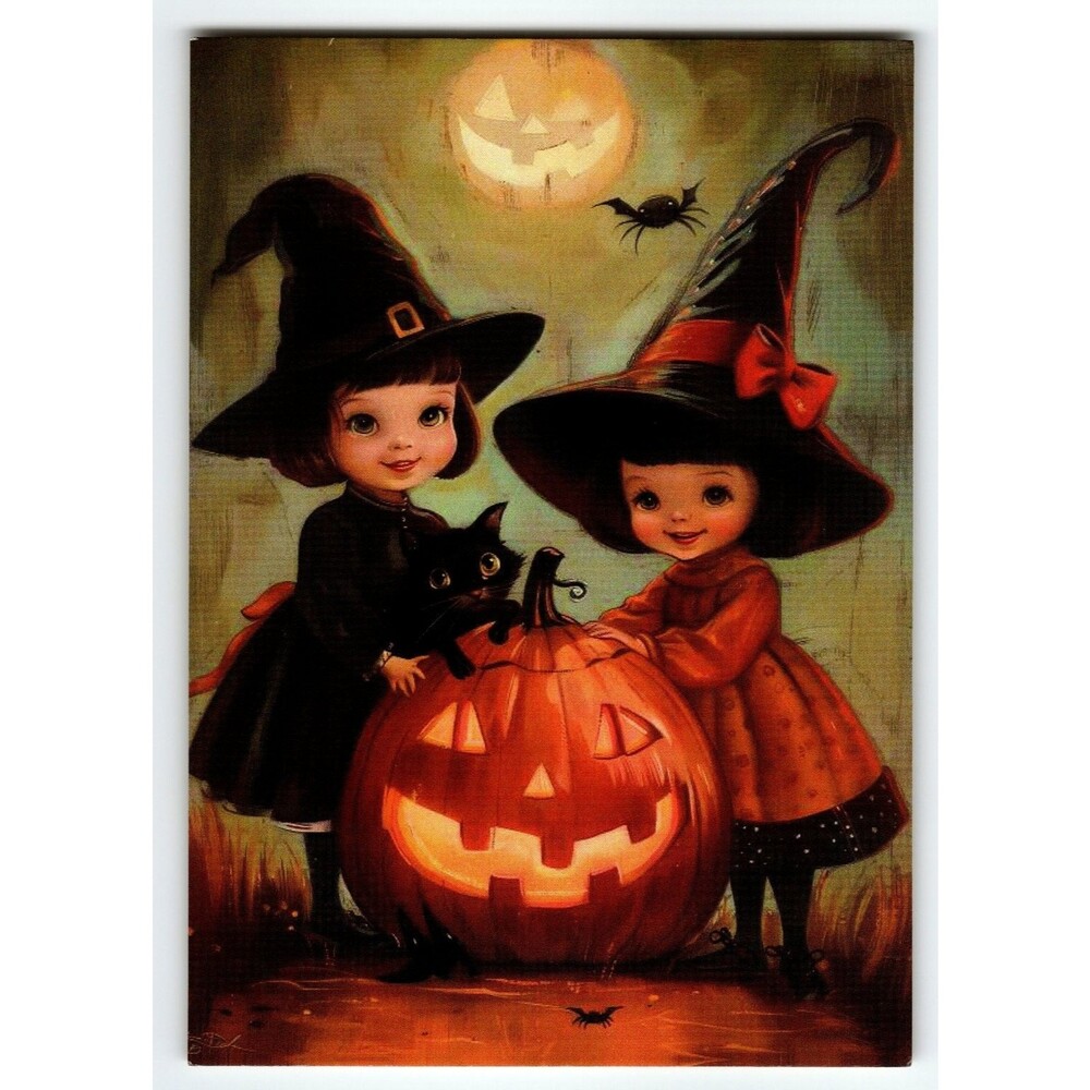 Vintage Halloween Postcard Cute Witches with Jack-O'-Lantern & Cat